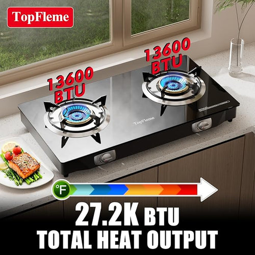 2 Burner Propane Stove 27,200 BTU High-Efficiency Tempered Glass Auto-Ignition Gas Burner Stove Top with CSA Hose for Outdoor RV Camping Emergency Cooking