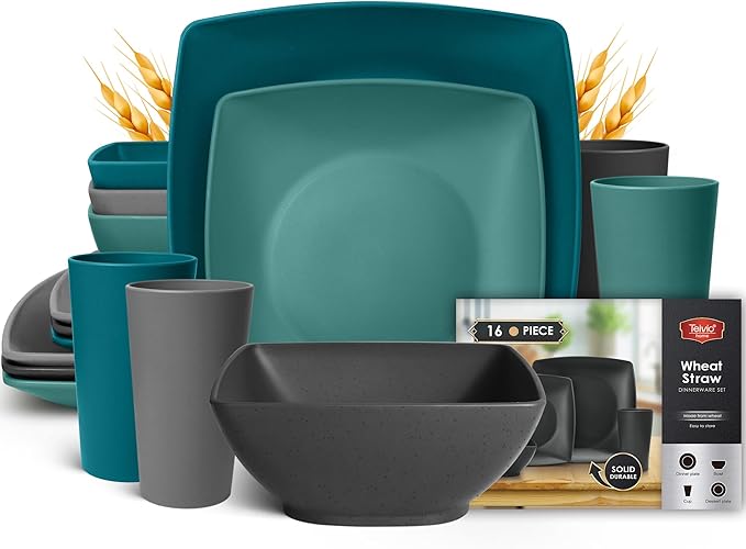 Teivio 16-piece Plastic Wheat Straw Square Dinnerware Set for 4, Unbreakable Dinner Plates, Salad Plates, Snack Bowls, Tumblers 13.5 oz, Dishwasher Safe, Coastal Multicolor