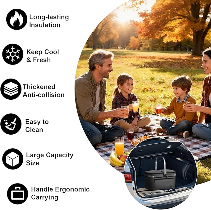 ALLCAMP Picnic Basket - 2 Ice Box Included 32L Insulated Cooler, Thickening Foldable Picnic Basket with Removable Baskets & Sewn-in Frame, Basket for House Warming Gifts New Home(Smoke Gray)