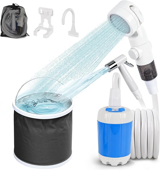 Portable Camping Shower, Outdoor Shower Kit with Pump, Hose, Spray Gun & Folding Bucket, Rechargeable Battery Powered Portable Shower for Camping, Hiking, Beach,RV,Pet Cleaning & Road Trips