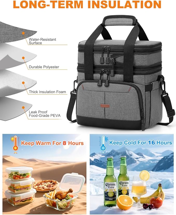 Lunch Box For Men Women Double Deck Insulated Lunch Bag For Men Woman Leakproof Expandable Cooler Bag with Adjustable Shoulder Strap for Work Picnic School(Gray‌,Medium)