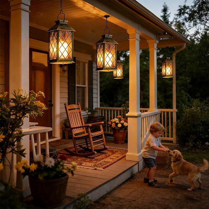Solar Lanterns Outdoor Waterproof, 2 Pack Glass Hanging Solar Lights with Flickering Flameless Candle, Outdoor Lanterns for Patio Wall Porch Table Garden Yard Tree, Gift for Women Mom - Bronze