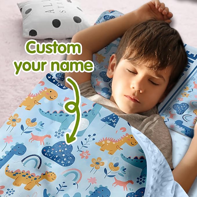 Personalized Toddler Nap Mat for Preschool, Custom Name Kids Sleeping Bag for Daycare, Kindergarten Roll Up Sleeping Mat with Removable Pillow and Soft Blanket, Fun Themes for Boys & Girls