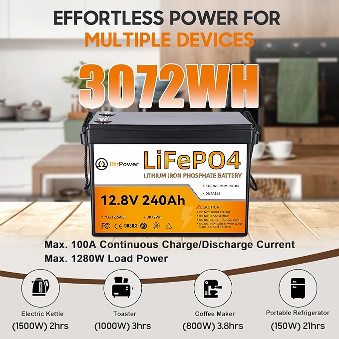 12.8V 240Ah Lithium Battery,3072Wh Deep Cycle LiFePO4 Battery with 100A BMS,8000+ Cycles,Perfect for Home Storage,Off-Grid,Camping,Solar,Bankup Power etc.