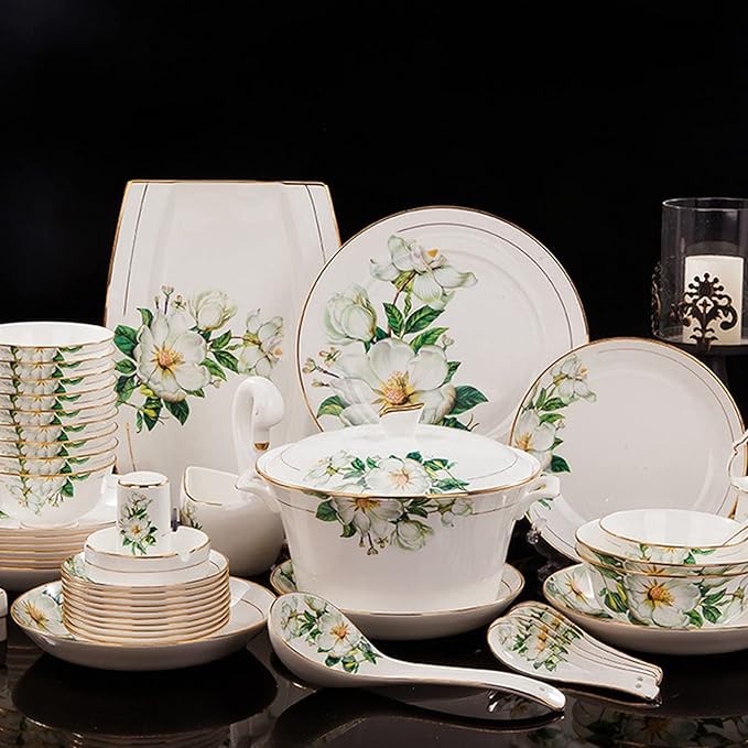 Bowl and Plate Sets White Ceramic Porcelain Decals Tableware Set Include Dinner Plate Dessert Plate Suitable for Family Hotel Restaurant