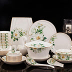 Bowl and Plate Sets White Ceramic Porcelain Decals Tableware Set Include Dinner Plate Dessert Plate Suitable for Family Hotel Restaurant