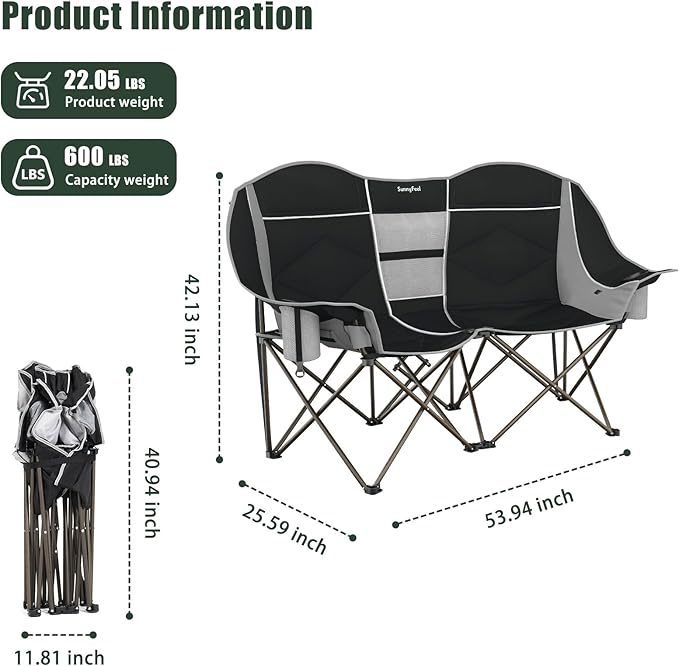 SUNNYFEEL Heated Double Camping Chair Oversized Folding Loveseat Chair for 2 Adults Heavy Duty Camping Couch 600 lbs with Cup Holders & Storage for Camping, Beach, Lawn, Patio RV & Indoor Use