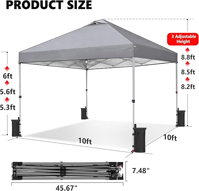 OLIXIS 10x10ft Pop Up Canopy Tent, Heavy Duty 1-Person One Push Setup, Portable Outdoor Shelter for Beach, Events, Camping Includes Rolling Carry Bag, Grey