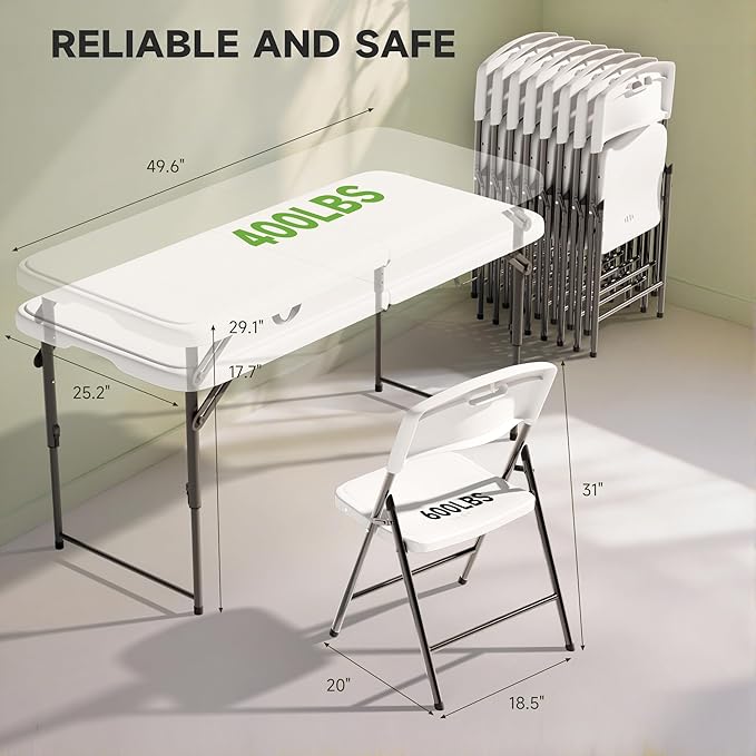 4FT Folding Table Set with 4 Chairs – Heavy-Duty 400 lb Table & 600 lb Chairs, Dual-Height Adjustment, Portable Folding Furniture Set for Camping, Parties, Indoor & Outdoor Use
