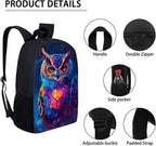 3 PCS Owl Print Travel Backpack Set for Women Men, 17 Inch Knapsack Rucksack Lunch Box with Thermal Insulated Pen Case, Black