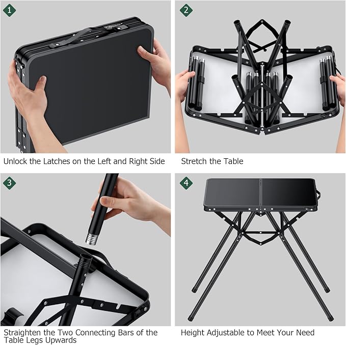 JiGiU Folding Camping Table Height Adjustable Aluminum Alloy Foldable Pinic Table 180lbs Capacity with Handle Stable Triangle Feet for Outdoor Indoor Hiking Camp BBQ Beach (Black, MDF Tabletop)