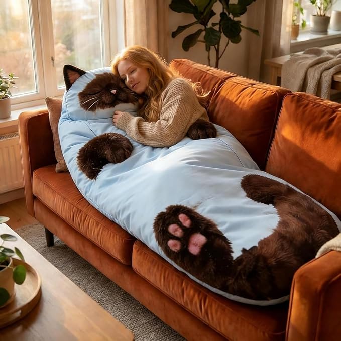 Fluffy Cat Sleeping Bag for Adults, Soft 68.9×31.5 Inch Adorable Envelope Sleeping Bag, Washable Warm Blanket for Camping and Home Lounging