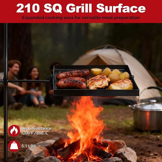 VINGLI Swivel Camping Firepit Grill, Foldable Campfire Steel Grate w/Griddle & Storage Bag, 360° Adjustable, Open Fire Outdoor Cooking Equipment, Parties, Activities, Families Use 32'' x 25''
