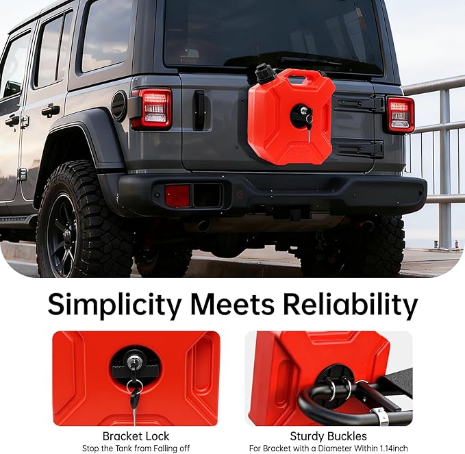 5L (1.3 Gal) Portable Liquid Storage Container with Mounting Bracket & Lock, Red Heavy-Duty Plastic Tank for Outdoor, Camping, Emergency Supply