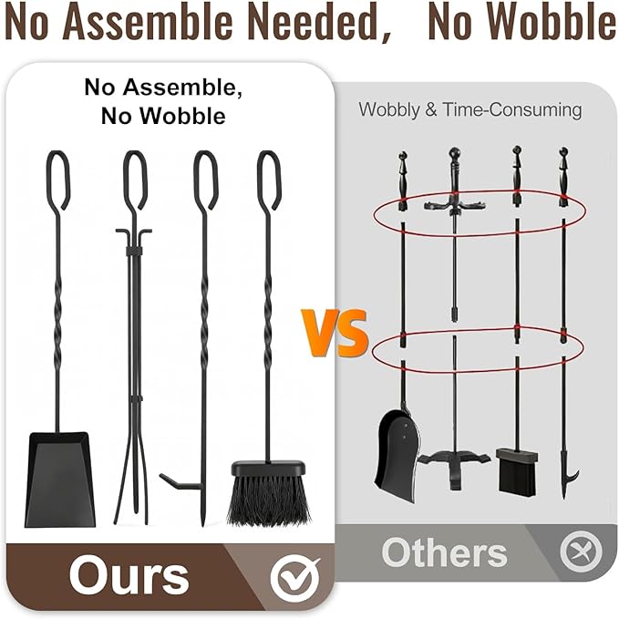 AMAGABELI GARDEN & HOME 5 Pieces Fireplace Tools Set Indoor Wrought Iron Fire Place Pit Large Poker Wood Stove Log Firewood Tongs Holder with Handles Modern Black Outdoor Accessories Kit
