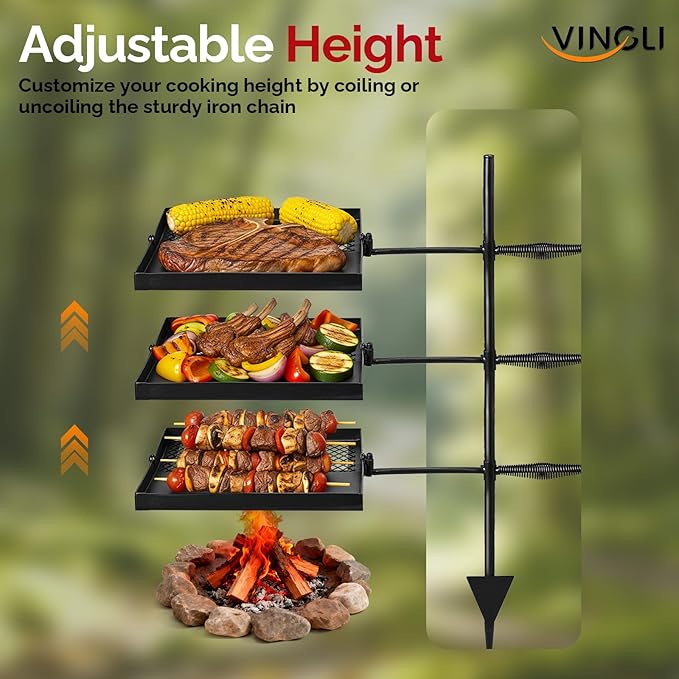 VINGLI Swivel Camping Firepit Grill, Foldable Campfire Steel Grate w/Griddle & Storage Bag, 360° Adjustable, Open Fire Outdoor Cooking Equipment, Parties, Activities, Families Use 32'' x 25''