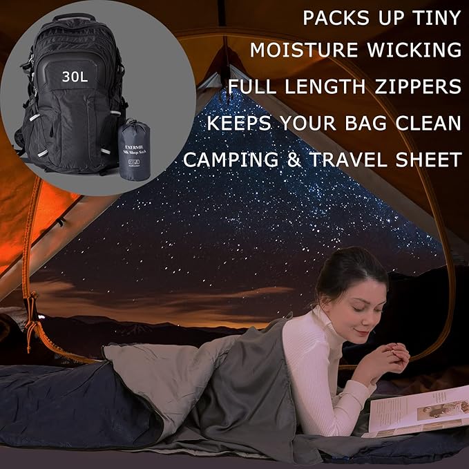100% Silk Sleep Sack with Zippers on 3 Sides, 87”x43” Large Sleeping Liners for Hotels, Travel & Camping, Multifunctional Travel Sheets (Unzipped:87”x87”) for Adults, Lightweight, All Seasons