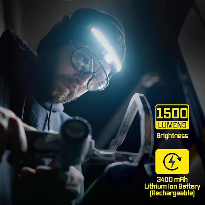 OPTIMAL VENTURES LITEBAND PRO Multi-Beam Rechargeable LED Headlamp, 1500 Lumens, 210° Wide Beam + Focused Spot, Hard Hat Compatible, Professional No-Bounce Fit, IPX5 Weather Resistant, Carbon