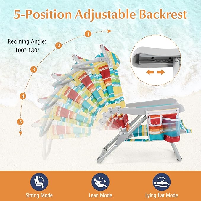 GYMAX Beach Chair, 330lbs Backpack Lounger with 5-Position Backrest, Storage Bag, Side Pocket, Towel Bar & Headrest, Foldable Low Beach Lounge, Portable Aluminum Lay Out Camp Chair (Colourful,1)