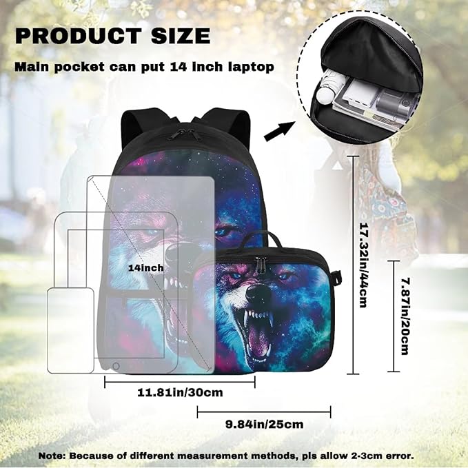 Wolf Universe Backpack with Lunch Box for Men Cool School Bag for Teen Boys Insulated Lunch Bag for Outdoor Polyester Bookbag for Travel Camping