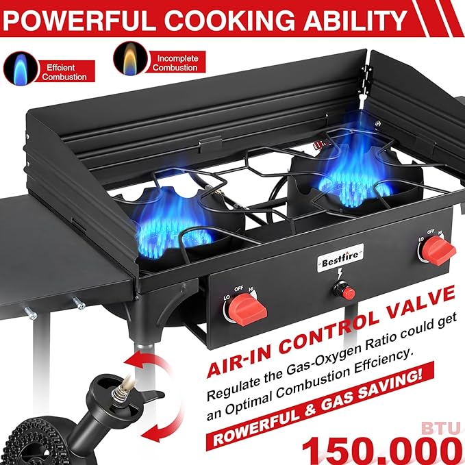Bestfire 2 Burner Camping Stove with Windpanel& Side Shelves, Bag, Auto Ignition Button,Regulator,150,000 BTU High Pressure Camping Stove Propane Burner With Removable Legs for Outdoor BBQ&Backyard