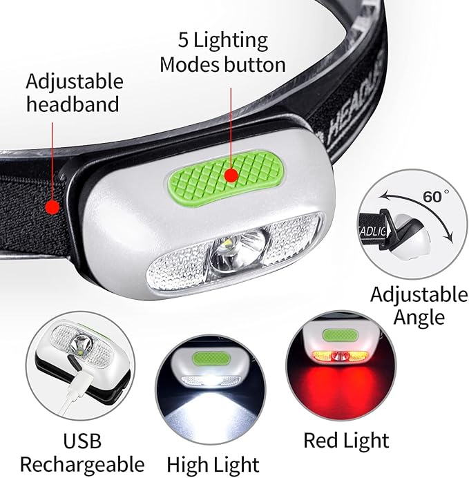500 Lumen Rechargeable Headlamp, 5 Modes with Red Light Head Lamp, IP54 Water-Resistant Adjustable Strap Head Light for Adult Running, Camping, Cycling