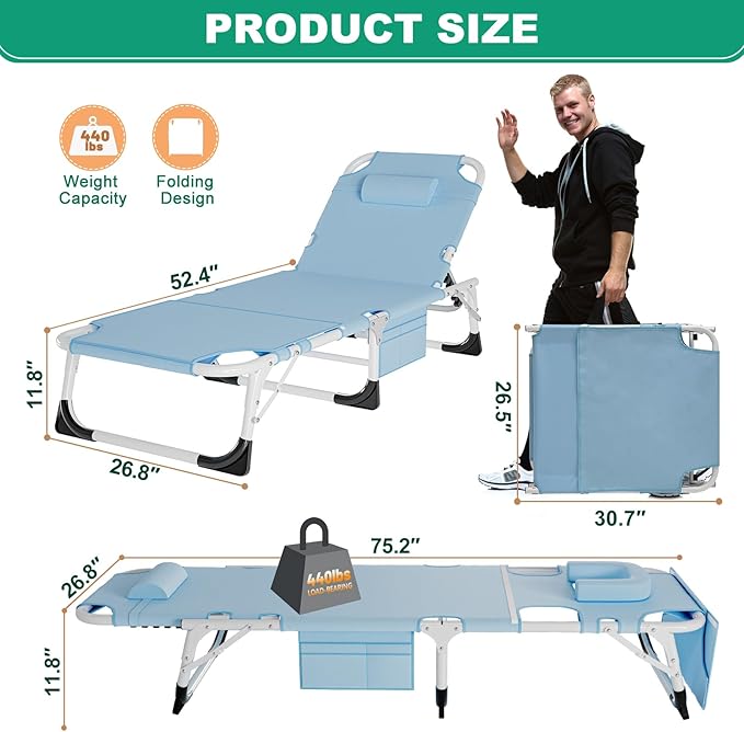 LILYPELLE 3in1 Sun Tanning Chair with Mattress, Heavy Duty Lounger Chairs with Face Arm Hole, Removable Pillow, Outside Chaise Lounge Chair for Sunbathing, Patio, Poolside, Lawn, Beach