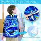 17" Shrak Backpack for Boy, 3Pcs Lightning Bookbag for Elementary Preschool Kindergarten, Kids School Thunder Backpacks with Lunch Box (Blue)