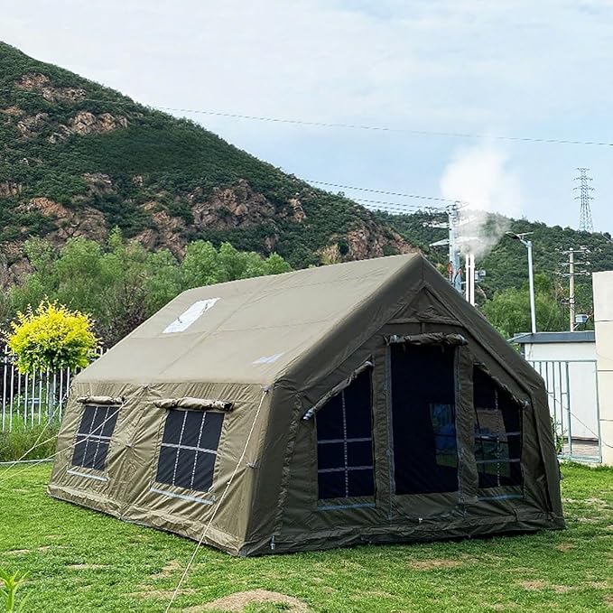 4 Season Air Tent Glamping Tent with Separate Living and Sleeping Area,Waterproof Pop-Up Outhouse Yurt with Pump and Stove Jack Hole, 8-10 Person Camping Quick Set Up