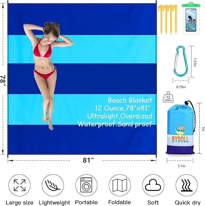 BYDOLL Beach Blanket 78''X81'' Waterproof Sandproof Suits1-4 Adults Oversized Lightweight Large Blanket Picnic Mat for Beach Sand Free Travel Camping Hiking Picnic