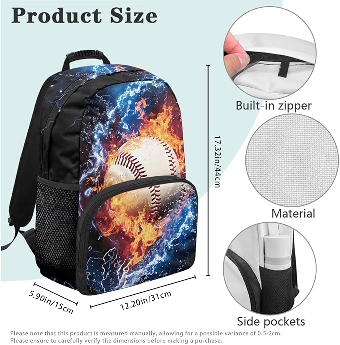 Baseball Backpack and Lunchbox Boys Sports Backpack Lightweight Trendy Kids Bookbag and Lunch Box Set Boys 4 Piece School Bag for Boys 6-7 Travel Outdoor Daypack Camping