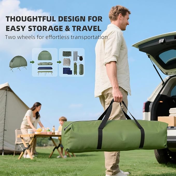 Camping Tent Cot, 4-in-1 Folding Tent Cot Combo with Mattress, Pillow, Sleeping Bag, Roller Carrying Bag, Off Ground Travel Camp Cot for Hiking, Backpacking, Picnic