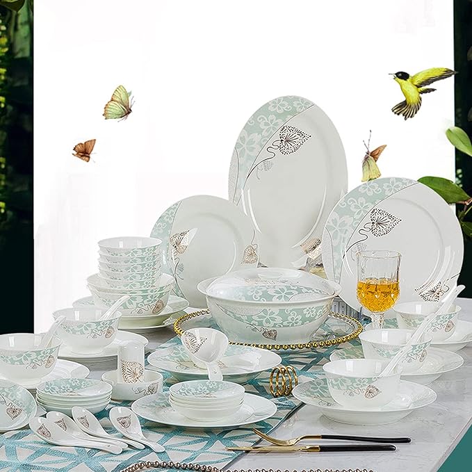 Milky White Porcelain Tableware Set Home Simplicity Combination Tableware Set of Bowls Dessert Plates Soup Plates Dinner Plates 58 Piece Set