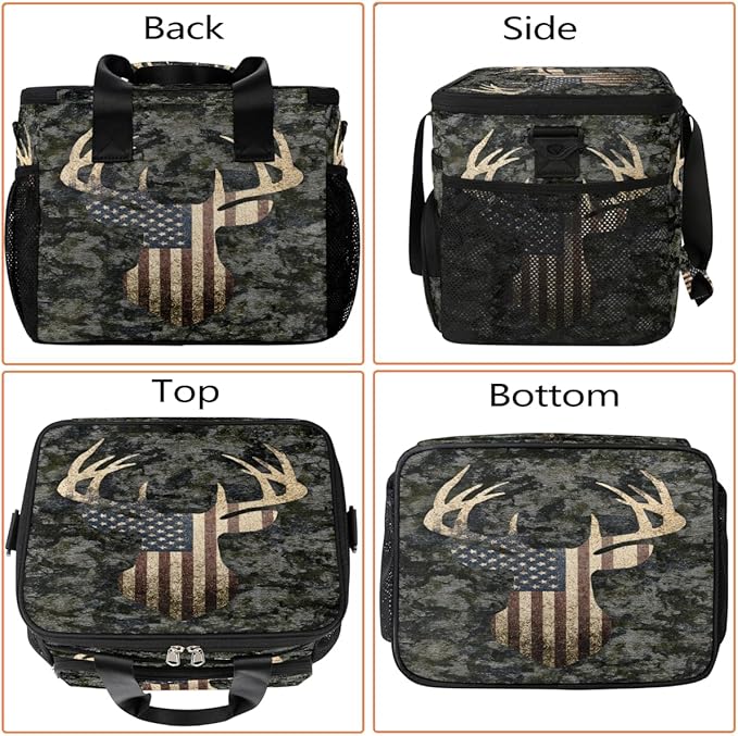 Camouflage Camo Deer American Flag Soft Cooler Bag Insulated Lunch Box for Men & Women, Large Leakproof Lunch Bag Portable Beach Cooler for Work, Picnic, Road Trips,Fishing, Travel, Camping,A-13