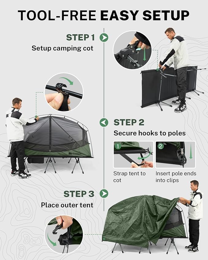Gonex Camping Tent Cot for Adults, 1-Person Off-Ground Folding Portable Easy Set-up Tent Cot Combo for Hiking, Backpacking, Car & Motorcycle Camping(31.5" W X 78.7" L)-Army Green
