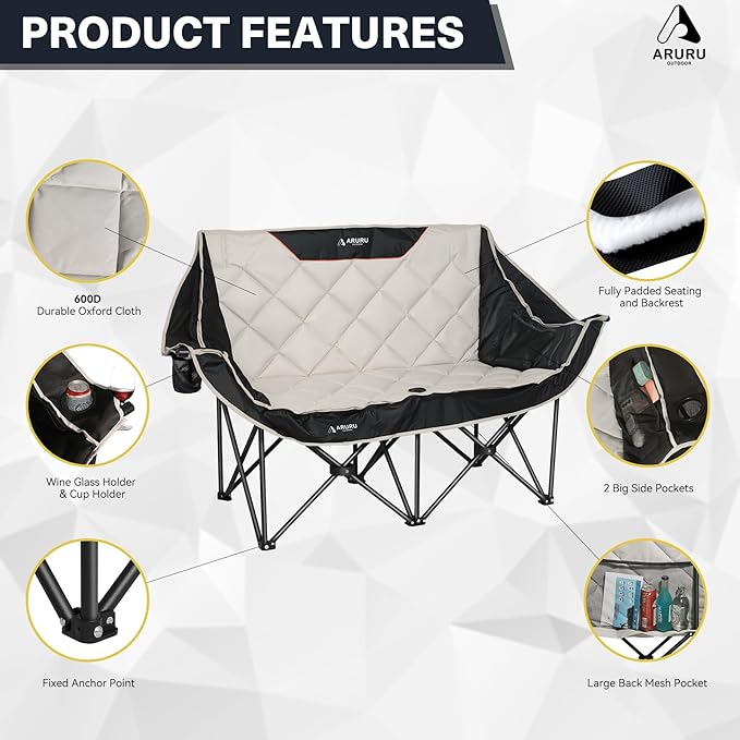 Double Camping Chair, Padded Oversized Camping Loveseat for Adults 2 Person Couch Two Seat Support 600LBS Heavy Duty Folding Camp Lawns Chairs for Outdoor Beach Backyard Tailgating Sports