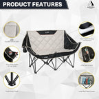 Double Camping Chair, Padded Oversized Camping Loveseat for Adults 2 Person Couch Two Seat Support 600LBS Heavy Duty Folding Camp Lawns Chairs for Outdoor Beach Backyard Tailgating Sports