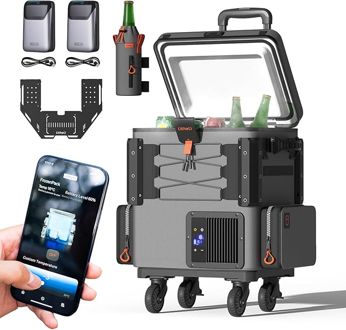 LiTHELi FrozenPack Wild 12V Car Refrigerator & Portable Electric Cooler with Cup Holder and Tabletop, 20L/21QT with 2 U20 Batteries, Backpack Design, -4~68℉ Travel Freezer for Camping, Road Trips, RV