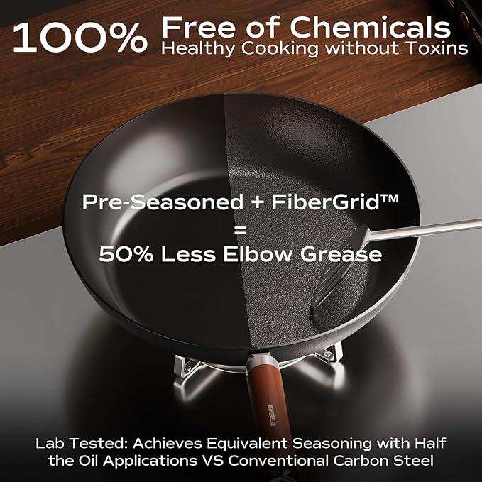 Carbon Steel Frying Pan, Pre-Seasoned 12-Inch Cooking Skillet Wooden Handle, PFAS & PFOA-Free, Nitrided Black Fry Pan for Kitchen, Camping, Chef Use