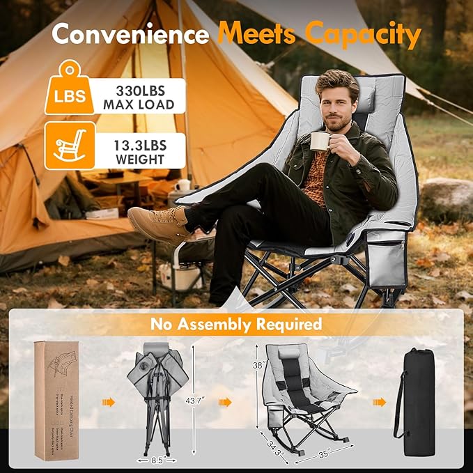 Slendor Oversized Heated Camping Chair with 2000mAh Battery, Padded & Pillow Heated Rocking Chair, 3 Adjustable Heat Settings Camping Rocker Chair for Easy Setup and Foldable Storage