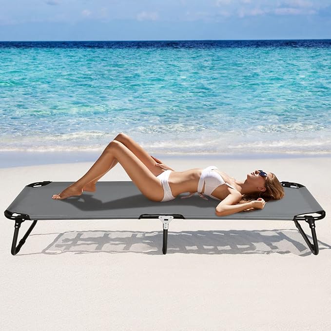 Giantex Folding Camping Cot for Adults, Portable Sleeping Cot Bed with 600D Oxford Fabric, Heavy Duty Frame, 350Lbs Capacity, 1-Step Use, Outdoor Lounge Chair for Sleepover Hiking, Home & Office, Grey
