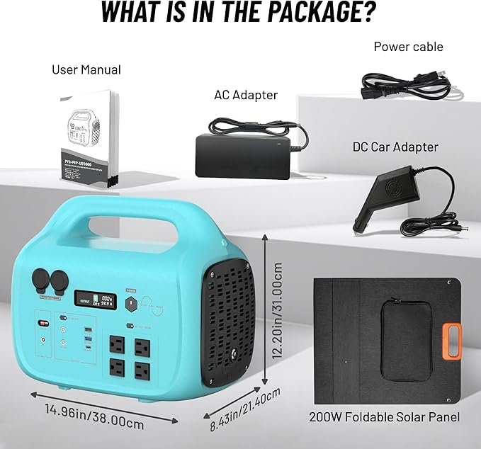 Solar Generator 1000W PB-1000 Portable Power Station with 200W Solar Panel Included, 1024Wh LiFePO4 Battery with 120V AC Outlet for RV Camping Outdoor Home Emergency Backup, Fast Charging