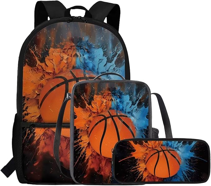 Rnyleeg Basketball Backpack for Kids Age 6-8 Novelty Boys Backpack Set with Lunchbox Lightweight Bookbag Set 3 Piece for Elementary School Casual Packsack