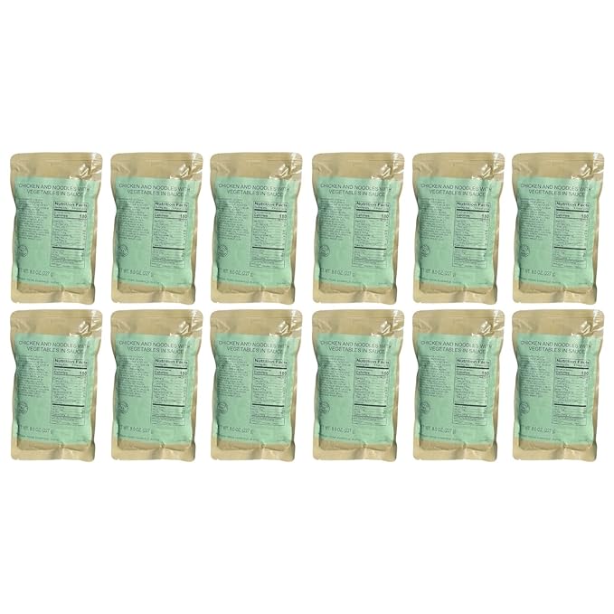 MRE (Meal-Ready-to-Eat) | Single Serving Entree | Emergency Meals | Survival Food | Fresh Dates | Long Shelf Life | Made in USA (12-Pack, Chicken Noodle with Vegetables)