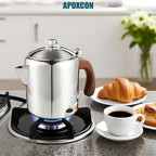 Coffee Percolator Stainless Steel Coffee Maker with Fireproof Solid Wood Handle & Tough Glass Clear Brew Progress Knob Camping Coffee Pot Using on any Stovetop NO Aluminum NO Plastic (6 Cup)