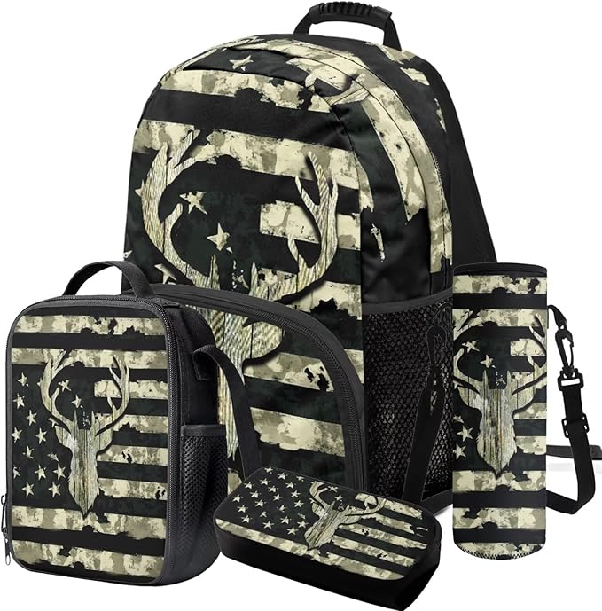 Camo Deer Backpack and Lunch Green Bookbag Lightweight Portable Kids Bookbag with Lunch Box Boys 4 Pcs School Bag for Boys 10-12 Hiking Travel Daypack Outdoor Back to School Gifts