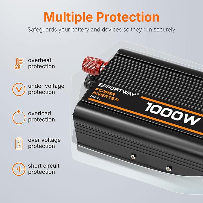 1000W Power Inverter, Inverter 12V to 110V with 2 AC Outlets, 2.1A USB Port, Car Power Inverter with Alligator Battery Clamp for Phone, Laptop on Camping, Road Trip