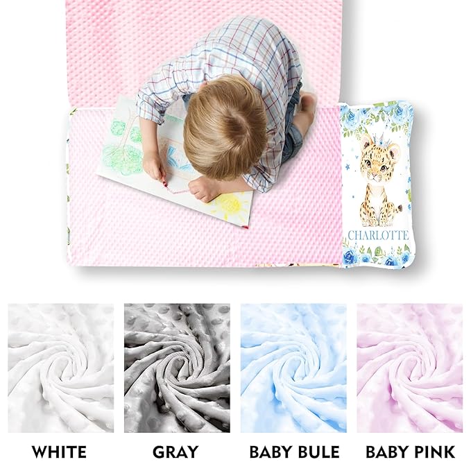 Custom Toddler Nap Mat for Preschool, Personalized Name Light Blue Kids Sleeping Bag with Leopard for Daycare, Roll Up Sleeping Mat with Removable Pillow and Soft Dot Minky Blanke for Girls Camping