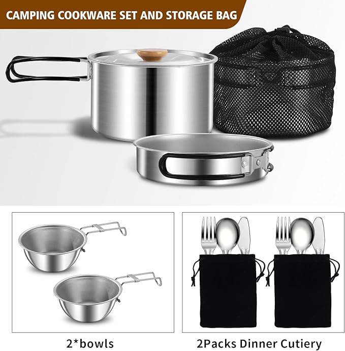 11Pcs Camping Cookware Set，Portable Camping Essentials with Accessories，Stainless Steel Lightweight Nonstick Pots、Pans、Bowls and Utensils for Backpacking RV Tailgating Cooking and Outdoor Cooking