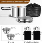 11Pcs Camping Cookware Set，Portable Camping Essentials with Accessories，Stainless Steel Lightweight Nonstick Pots、Pans、Bowls and Utensils for Backpacking RV Tailgating Cooking and Outdoor Cooking
